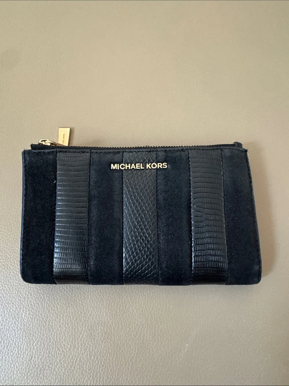 Michael Kors Black Suede & Textured Leather Zip Pouch with Gold Logo